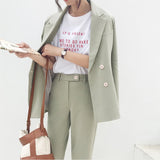 Vintage Autumn Winter Thicken Women Pant Suit Light Green Notched Blazer