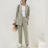 Vintage Autumn Winter Thicken Women Pant Suit Light Green Notched Blazer